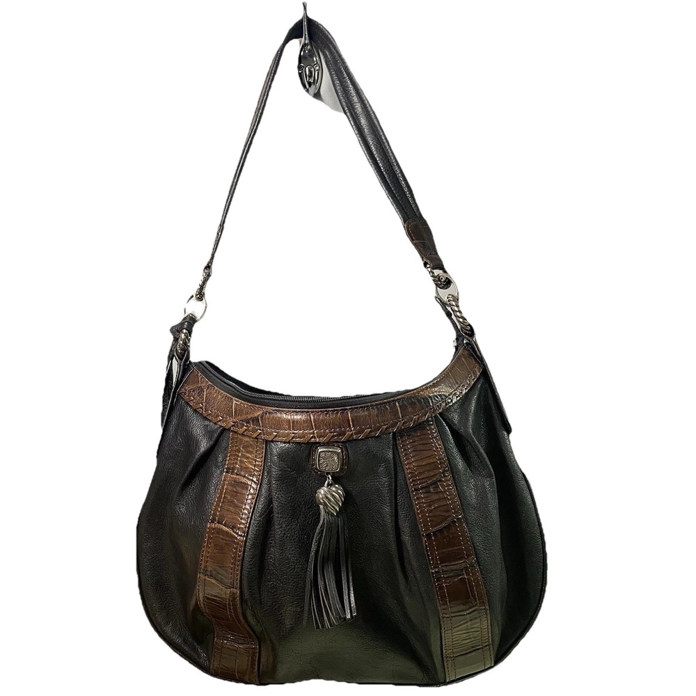 BRIGHTON Leather Women's Croc Purse Black&Brown Bag Tassel Hobo  9x13x2.5"‎